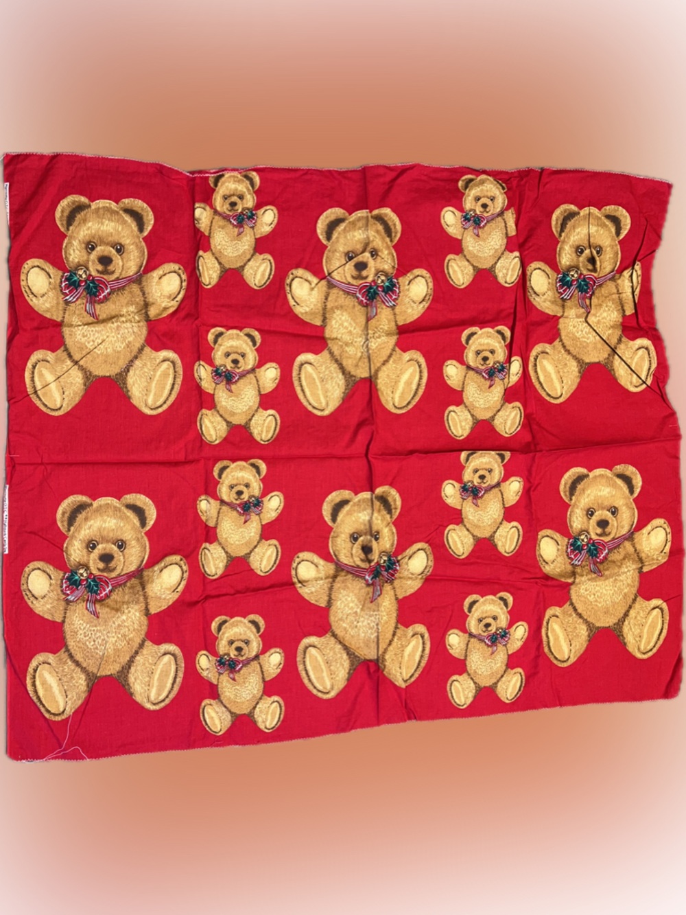 🔴Vintage New Christmas Teddy Bear Print Red Fabric Panel Hallmark Cards Fabric